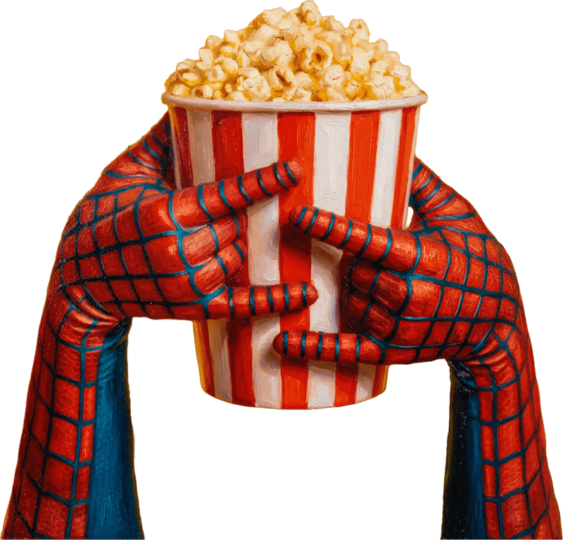 Popcornbecher, gehalten von roten Superheldenhänden
